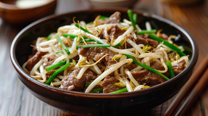 Savory beef stir fry with sprouts and scallions