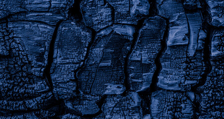 blue charred board, cracked charcoal structure