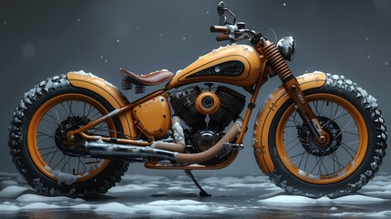 A yellow motorcycle with tire tread parked on snowy surface