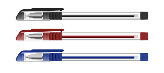 set red black blue ink pen realistic style stationary office supply