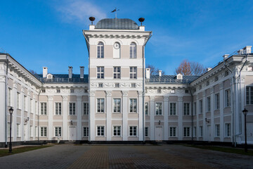 Bulgakov Palace and Park Ensemble. An architectural monument of late classicism, 18th century. Town of Zhilichi on the Dobosna River, Kirovsky district, Mogilev region, Republic of Belarus.  - obrazy, fototapety, plakaty