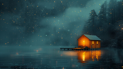 A small cabin is sitting on a dock in the middle of a lake - obrazy, fototapety, plakaty