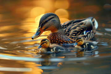 A mother duck  leads her ducklings across the tranquil pond during the golden hour. - obrazy, fototapety, plakaty