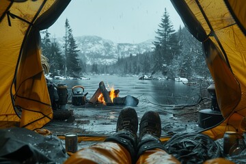 Cozy camping scene from a tent with snowy view