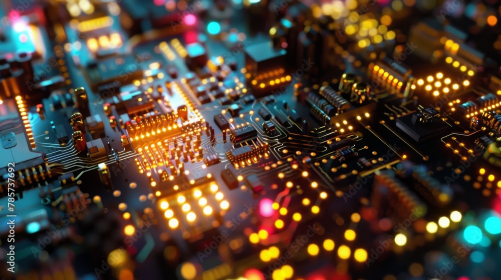 Poster Intricate Circuit Board Close-Up With Illuminated Connections