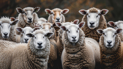 A selection of sheep in the mob stand looking curiously at the camera. - obrazy, fototapety, plakaty