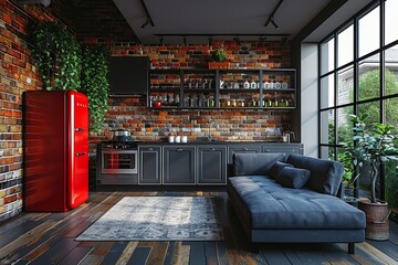 A fully furnished living room with various furniture pieces against a brick wall, creating a cozy and inviting atmosphere.