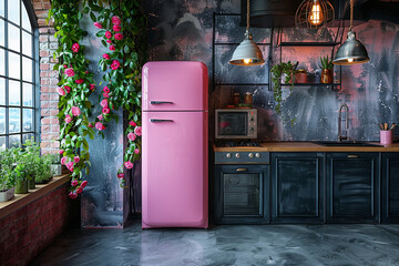 A pink refrigerator stands in a kitchen next to a window, providing a pop of color against the white walls and countertops. - obrazy, fototapety, plakaty