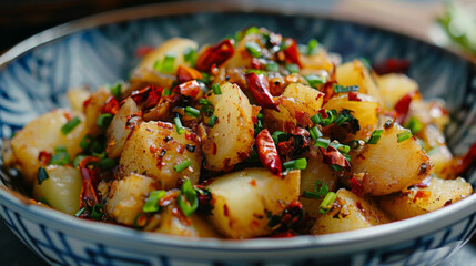 Spicy sichuan potato dish close-up - obrazy, fototapety, plakaty