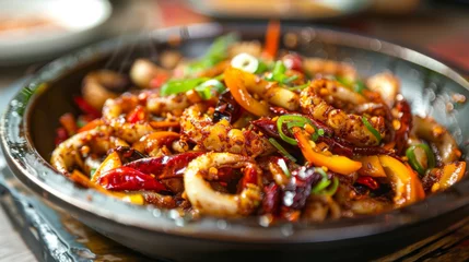 Fototapete Spicy stir-fried squid with vegetables © Michael