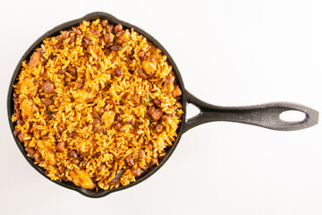 Baião de Dois traditional Brazilian food made with rice, beans, sausage and rennet cheese