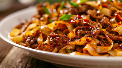 Spicy szechuan noodles with beef close-up