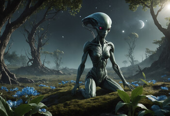 Fototapeta premium A futuristic extraterrestrial humanoid figure exploring a surreal alien landscape at night under a moon, creating an eerie yet captivating sci-fi scene