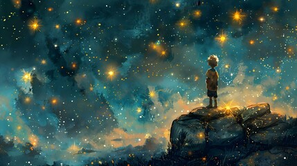 Stargazing Wonder: A Child's Cosmic Curiosity. Concept Astronomy Exploration, Childlike Wonder, Night Sky Adventures, Telescope Observations - obrazy, fototapety, plakaty