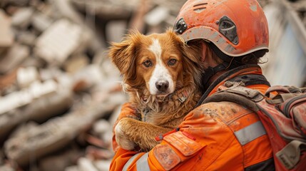 Brown and white dog cradled in a rescuer's arms amidst rubble