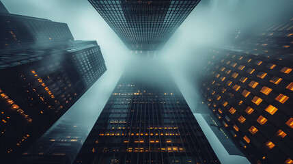 A city skyline with tall buildings and a foggy atmosphere - obrazy, fototapety, plakaty