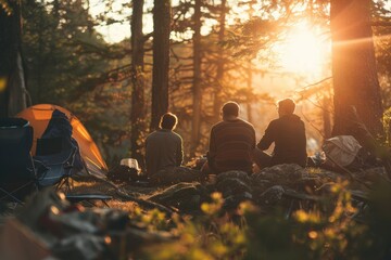 Summer. Authentic outdoor experiences. Friends rest on the forest with a tent