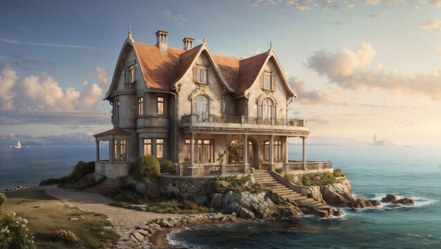 An old-style mansion situated on the edge of a sea coast, captured in idyllic weather conditions. Perfect for showcasing coastal living or historic architecture in tranquil settings.