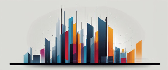 An abstract geometric cityscape depicting stylized skyscrapers and business chart shapes