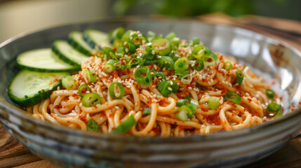 Spicy sichuan noodles with sesame and green onion - obrazy, fototapety, plakaty