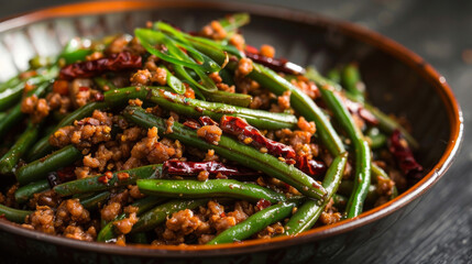 Authentic chinese stir-fried string beans and pork - obrazy, fototapety, plakaty