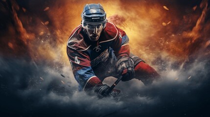 Fototapeta premium In the heat of the game, the hockey player displays remarkable dexterity, controlling the puck adeptly with their stick.