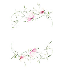 Watercolor floral border frame on white background. Pink poppy wild flowers, branches, leaves and twigs.