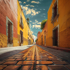  a Mexican street with vanishing point in the center - obrazy, fototapety, plakaty
