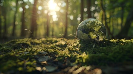 Earth Day - Environment - Green Globe In Forest With Moss And Defocused Abstract Sunlight