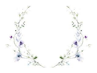 Watercolor painted floral round frame on white background. Violet, blue wild flowers, green branches, leaves.