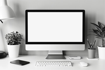 Fototapeta premium Ein minimalistisch eingerichteter Arbeitsplatz mit einem großen Bildschirm, Maus und Tastatur, weitere Elemente liegen auf dem Schreibtisch, Graustufen