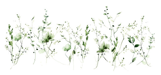 Watercolor painted growing meadow greenery frame on white background. Green wild plants, branches, leaves and twigs.