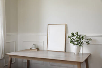Breakfast, scandi interior still life. Minimal home design. White ceramic vase with blooming apple...