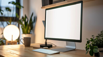 Fototapeta premium Ein minimalistischer Schreibtisch mit Bildschirm und Tastatur, Querformat