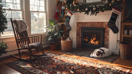 Serenity Nook with Hearth, Chair, and Cat. Concept Cozy Reading Space, Furry Friend Companionship, Homey Decor, Relaxing Ambiance - obrazy, fototapety, plakaty