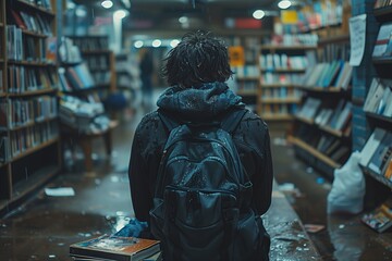 Person in bookstore with fallen book