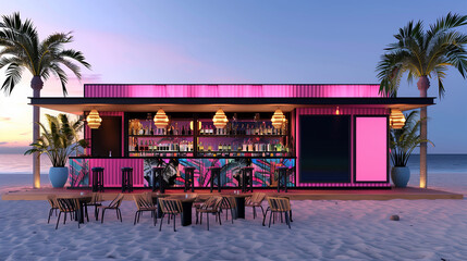 Fototapeta premium Eine erleuchtete Cocktailsbar am Strand mit Sitzgelegenheiten davor