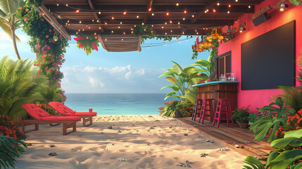 Pinke Strandbar mit Dach und Strandliegen, direkt am Sandstrand mit Meer, Außenaufnahme bei Tag - obrazy, fototapety, plakaty