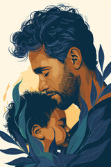 Illustration von Vater und Kind in inniger Umarmung, Brustbild, Halbprofil, vor hellem hintergrund
