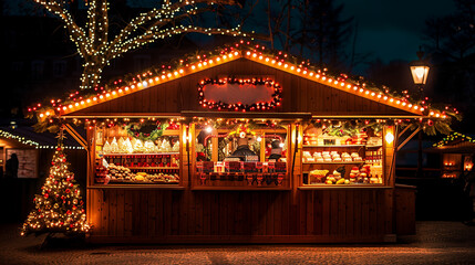 Frontansicht einer Weihnachtsmarkthütte, festlich dekoriert mit vielen bunten Lichtern und Tannenbaum, auf einem Weihnachtsmarkt, Außenaufnahme bei Nacht