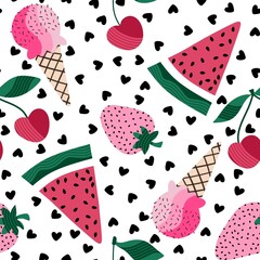 Summer fruit print cartoon seamless watermelon and cherry and ice cream and strawberry pattern for wrapping paper