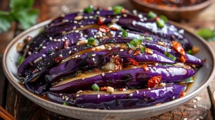Rolgordijnen Aromatic chinese eggplant topped with chili peppers and garlic sauce © Michael