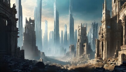 panorama de ciudad futurista en ruinas.