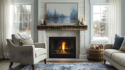 Serene Minimalist Hearth with Artful Touch. Concept Minimalist Decor, Hearth Design, Artful Touch, Serene Ambiance