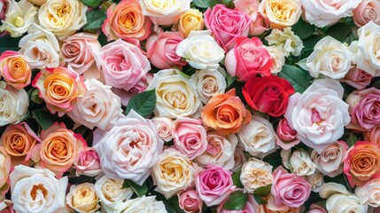 Mixed multi colored roses in floral decor, Colorful wedding flowers background - obrazy, fototapety, plakaty