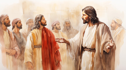 Jesus before Pilate, being questioned and judged. , watercolor style, white background