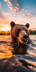 A detailed portrait of a wet brown bear against a lake sunset.