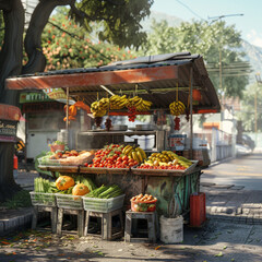 a street food stall in mexico, on a sunny day, the street is clean and empty
