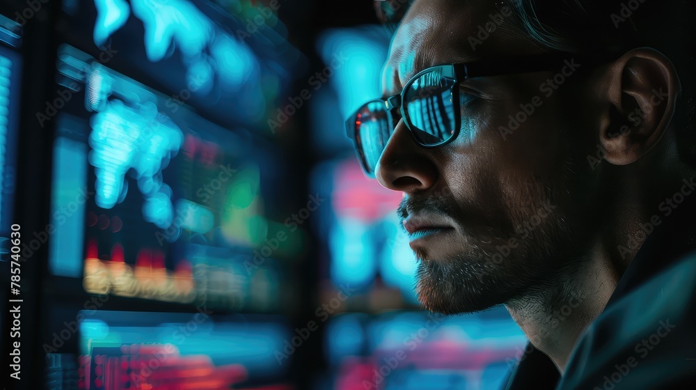 Poster portrait of an it professional in dark glasses, engrossed in digital screens displaying data and cod