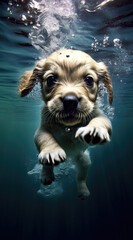 A puppy paddles underwater, bubbles trailing behind its innocent gaze.